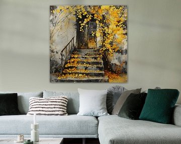 Herfst voordeur stenen trap ginkgo bladeren geel bruin natuur