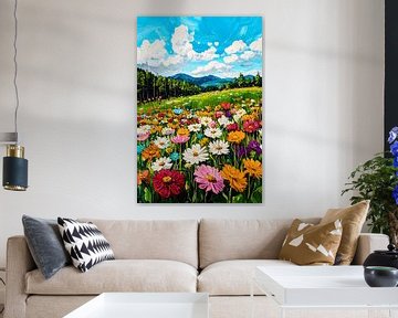 Kleurrijk bloemenlandschap met bergen van Imperial Art House