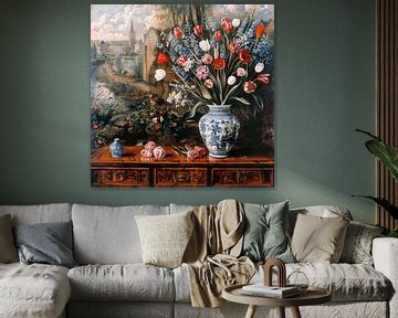 Stilleven boeket tulpen Delftse vaas Nederland Barokke elegantie van gm_designs
