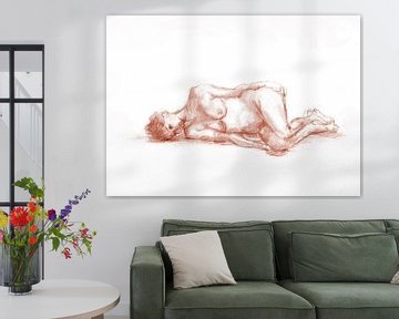 Schets liggend naakt vrouw terra bruin van Krista Kitsz Art