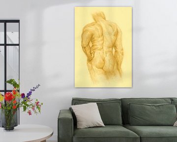 Schets Man Naakt rug aanzicht fel geel van Krista Kitsz Art