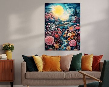 Landschap abstract avond kasteel heuvel bloemen maan lucht van gm_designs