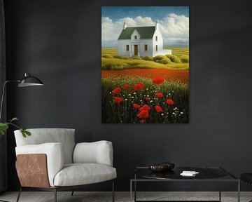 Fantasielandschap huis papavervelden droomwereld lucht