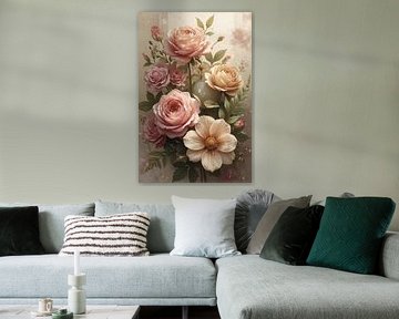 Vintage Art with Roses and Greenery