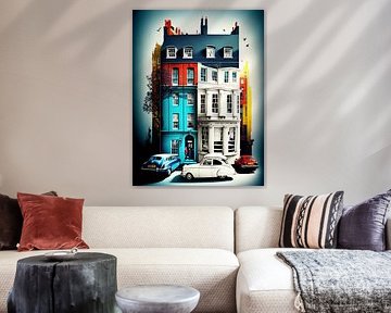 Herenhuis auto's kleurrijke mensen surrealistische Victoriaanse klassieker