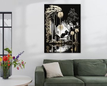 landschap caribische zee huizen palmbomen abstract rustig