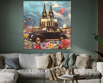 Collage VW Kever Keulen Kathedraal Bloemen Bijen Brug surrealistisch van gm_designs