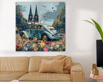 Collage VW Kever Keulen Kathedraal Bloemen Vlinders surrealistisch van gm_designs