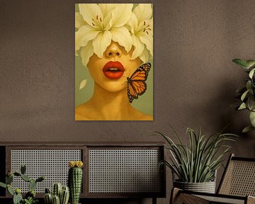 Vrouw met bloemen, rode lippen en vlinder – sensuele kunst van Marijke Trienekens