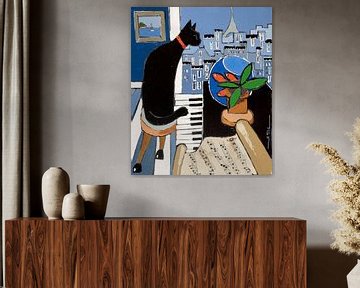 Zwarte kat met oude piano en partituur, met goudvis van Matisse, in Parijs... van ATELIER DE JIEL