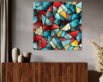 Abstract mosaic glass fragments colourful dynamic red turquoise