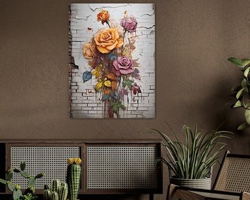 bloemen rozen graffiti kleurrijk bakstenen muur stedelijke street art modern van gm_designs