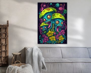 Champignons psychédéliques aliens avec fleurs multicolores sur Pixelbull Design