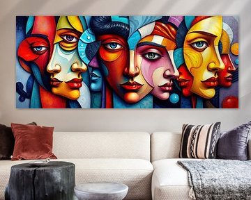 Panorama van versmolten blikken - Een kubistisch netwerk van kleurrijke zielen in de geest van Picasso van AidasignArt