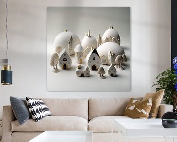 Miniatuur landschap porselein wit goud surrealistische huizen bomen van gm_designs