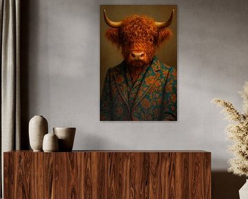 De Stijlvolle Hooglander – Majesteit in Wol en Patroon van But First Framing