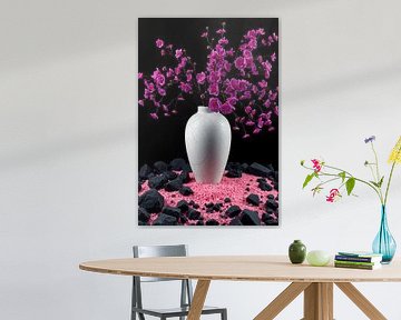 "Modern Floral Splendour - Purple and Pink Flowers in White Vase