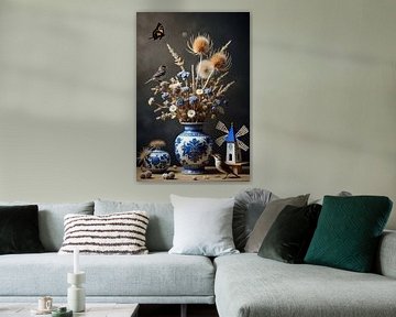 Stilleven met bloemen en Delfts blauwe bloemenvaas Digitale kunst in Oude Meesters stijl– Twee Vogeltjes en een Vlinder in Harmonie van Kleurenrijk