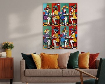 Frauen Viererbild stilisiert Café Bistro Hüte bunt modern urban von gm_designs