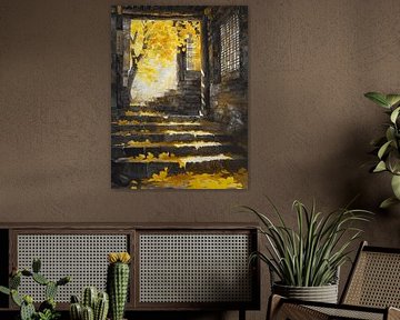 Passage stone staircase ginkgo tree leaves autumn sun