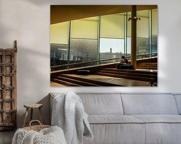 Reading Steps & Vast Windows – Modern Library in Warm Light | Minimal Interior Wall Art by Brave Toaster Photos