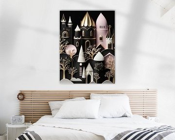 Paysage miniature en porcelaine blanc noir rose or Maisons Arbres