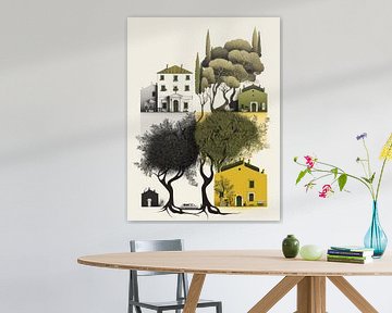 Landschap Italië gestileerde grafische huizen bomen gereduceerd van gm_designs
