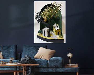 Miniatuur landschapspapier wit zwart groen goud huizen bomen van gm_designs