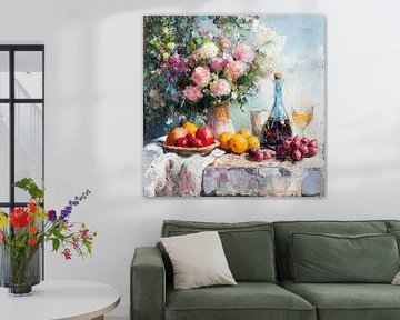 Zomer aan tafel met bloemen en fruit