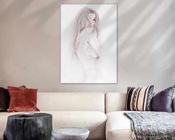 Schets jonge vrouw , discreet naakt grijs bruin van Krista Kitsz Art