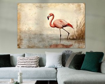Flamingo in Stilte Elegante Wandel door Vintage Waterlandschap van Eva Lee