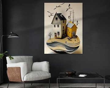 Paysage côtier Île Maisons Oiseaux surréaliste Papier Maritim