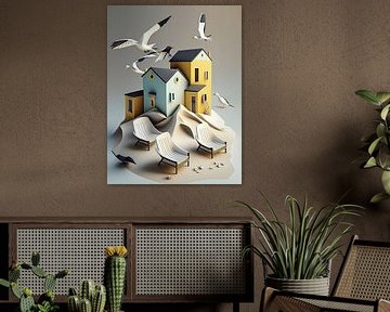 kustlandschap strandhuisjes vogels surrealistisch papier maritiem van gm_designs