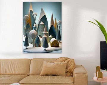 Stadsgezicht winter huizen bomen papier surrealistisch van gm_designs
