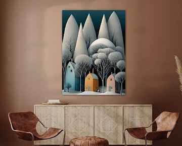 Stadsgezicht winter huizen bomen papier surrealistisch van gm_designs