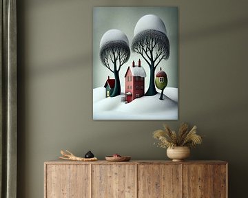 stadsgezicht winter sneeuw huizen bomen papier surrealistisch van gm_designs