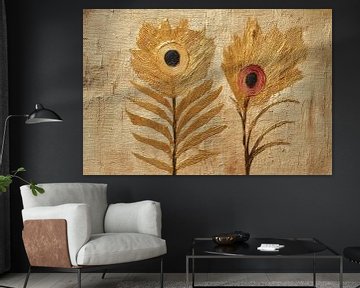 Gold flowers on textured canvas by Digitale Schilderijen