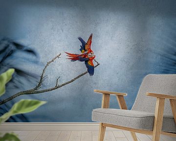 Parrots in Airy Dance Tropical Contrast on Branch