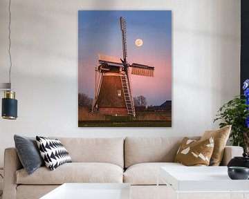 Zonsondergang en volle maan bij Hoeksmeer, Garrelsweer van Henk Meijer Photography
