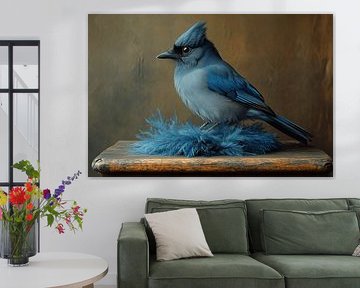 Stellers gaai met blauwe veren (in de stijl van Henk Helmantel)