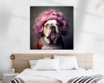 Bulldog with pink wig by Evelien Prins