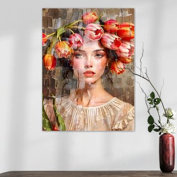 Portrait d'une jeune fille avec des tulipes sur la tête.