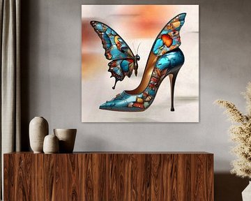 Butterfly pump | An image of a colourful pump decorated with a butterfly. The colour blue predominates. The colours red, yellow and orange can't be missing in this colourful ensemble.