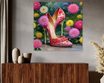 Pumps en Bloemen | Een kleurrijk werk van pumps in combinatie met bloemen. De kleuren roze, geel, paars en lila geven het geheel een lenteachtig gevoel. van Wil Vervenne