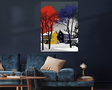 Winterlandschap huizen bomen grafisch gestileerd kleurrijk van gm_designs