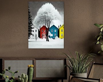 Winterlandschap huizen bomen grafisch gestileerd kleurrijk van gm_designs