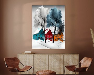 Winterlandschap huizen bomen grafisch gestileerd kleurrijk van gm_designs