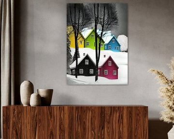 Winterlandschap huizen bomen grafisch gestileerd kleurrijk van gm_designs