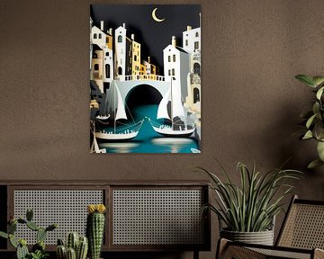 Paysage urbain Maisons Nuit Pont Canaux Bateaux Lune