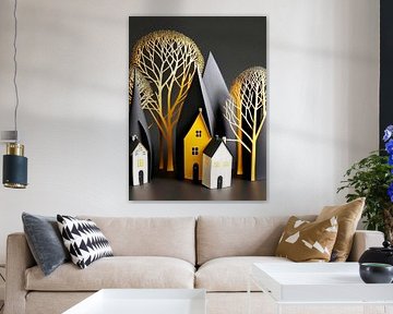 Paysage miniature papier blanc noir gris jaune maisons arbres